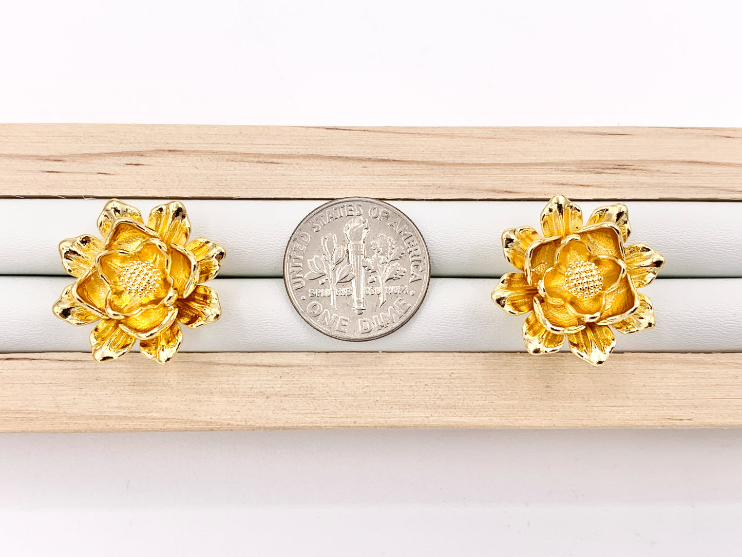 Big Lotus Flower Earring Studs in Real 18K Gold Plated Over Copper 3 PAIRS