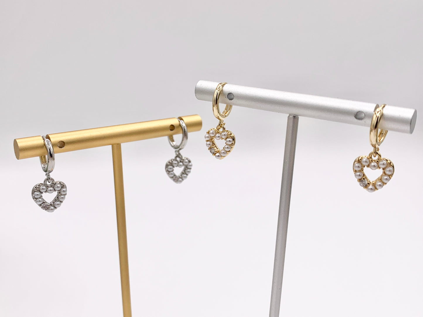 Cute Dangle Pearl Heart Huggie Earrings with CZ Pave in 18K Gold/Platinum Plated Copper 4 PAIRS
