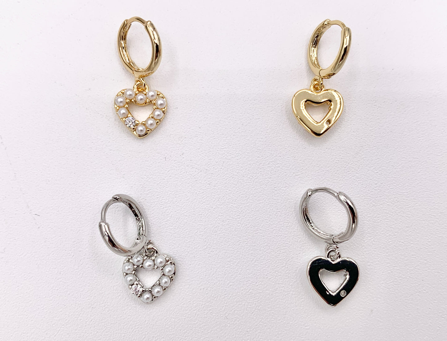 Cute Dangle Pearl Heart Huggie Earrings with CZ Pave in 18K Gold/Platinum Plated Copper 4 PAIRS