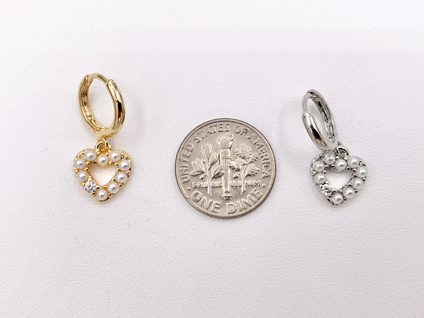 Cute Dangle Pearl Heart Huggie Earrings with CZ Pave in 18K Gold/Platinum Plated Copper 4 PAIRS