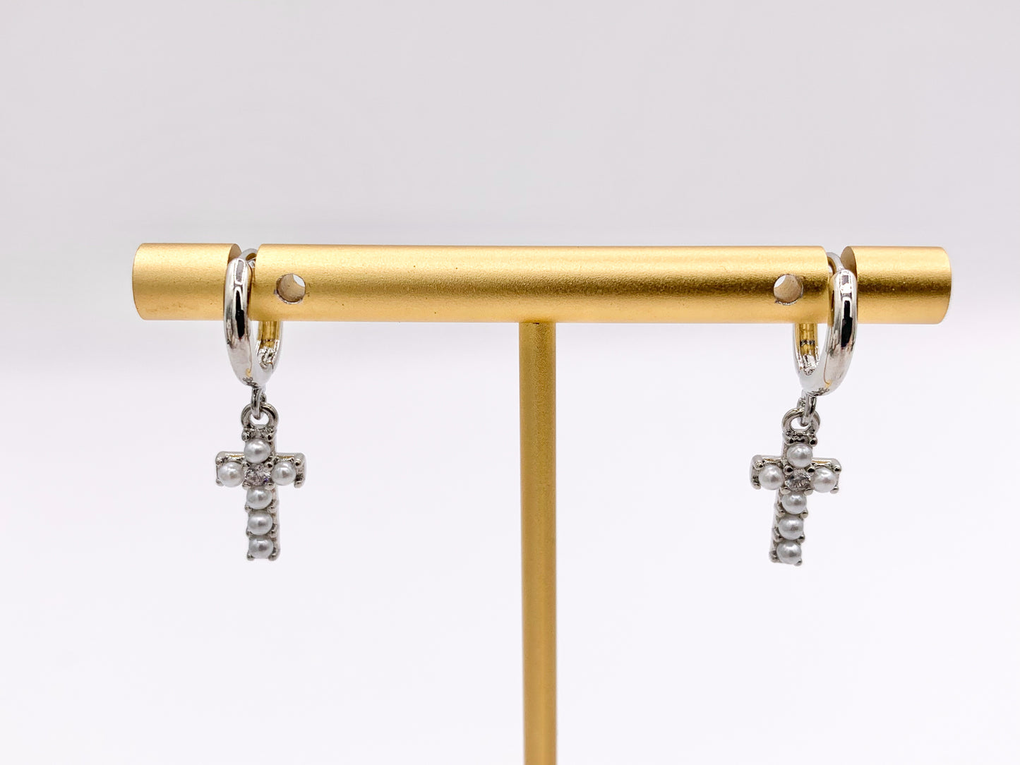 Cute Dangle Pearl Cross Huggie Earrings with CZ Pave in 18K Gold/Platinum Plated Copper 4 PAIRS