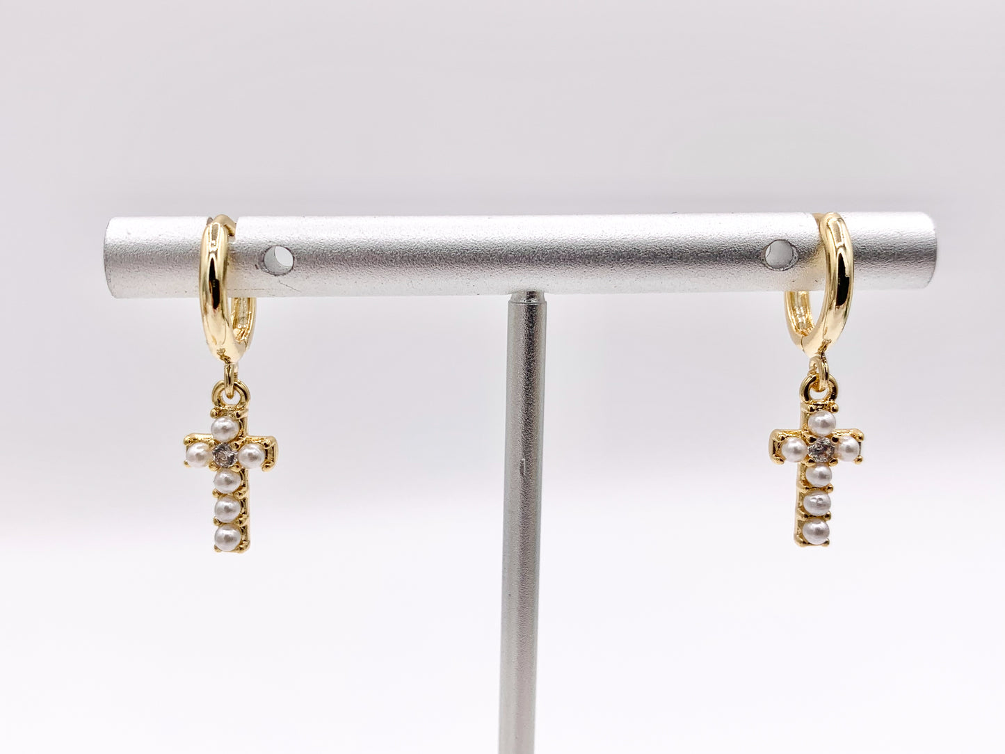 Cute Dangle Pearl Cross Huggie Earrings with CZ Pave in 18K Gold/Platinum Plated Copper 4 PAIRS