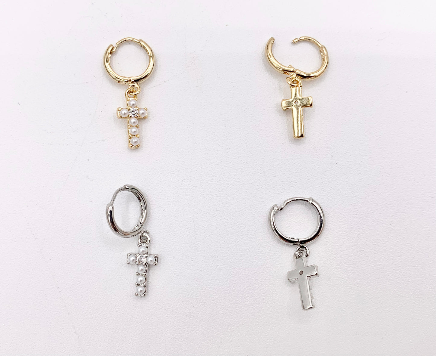 Cute Dangle Pearl Cross Huggie Earrings with CZ Pave in 18K Gold/Platinum Plated Copper 4 PAIRS
