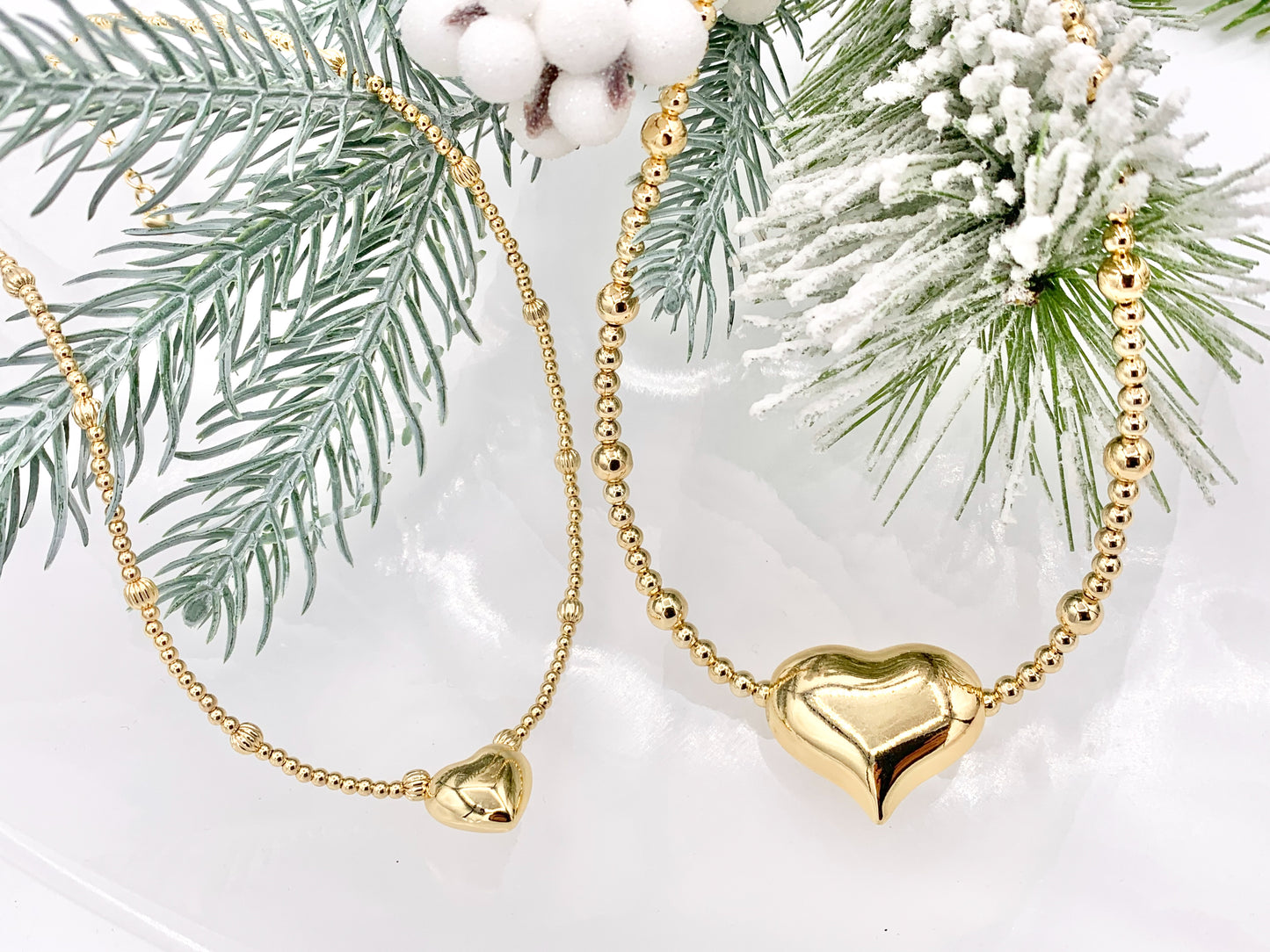 Delicate Puffy Heart Beaded Necklace Gold Plated Copper Dainty Flexible Minimalist Finished Necklace 16" with Extension Link 1 PC