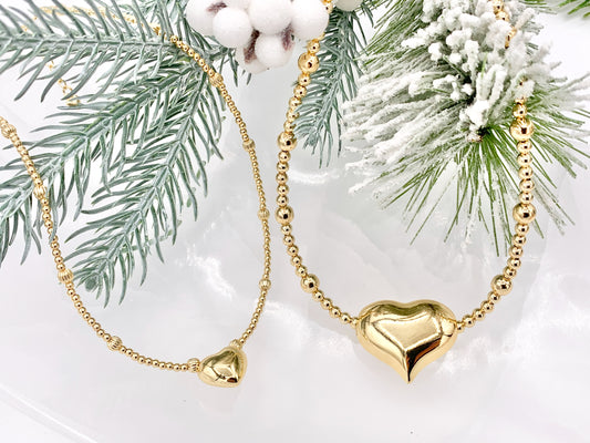 Delicate Puffy Heart Beaded Necklace Gold Plated Copper Dainty Flexible Minimalist Finished Necklace 16" with Extension Link 1 PC