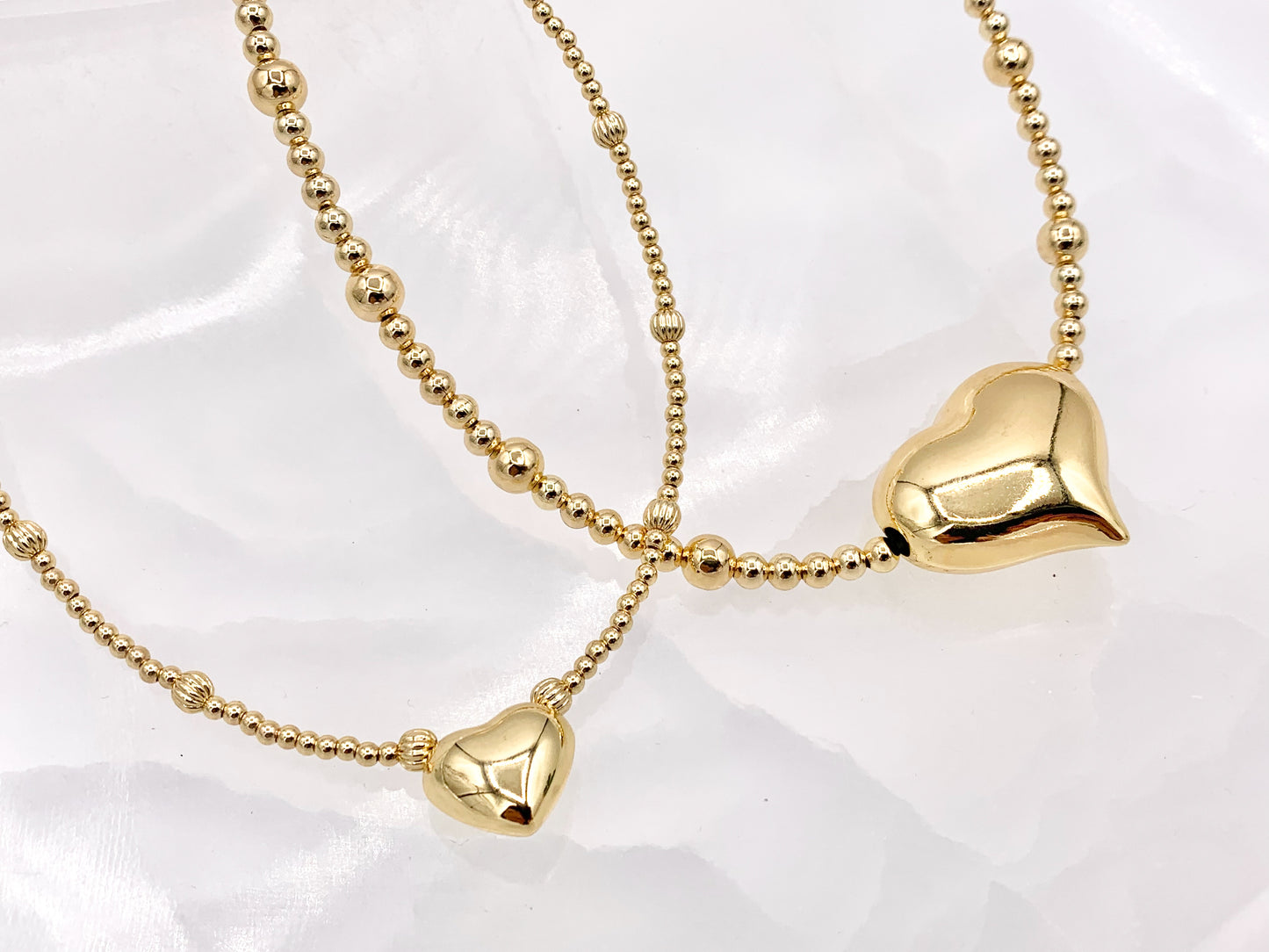 Delicate Puffy Heart Beaded Necklace Gold Plated Copper Dainty Flexible Minimalist Finished Necklace 16" with Extension Link 1 PC