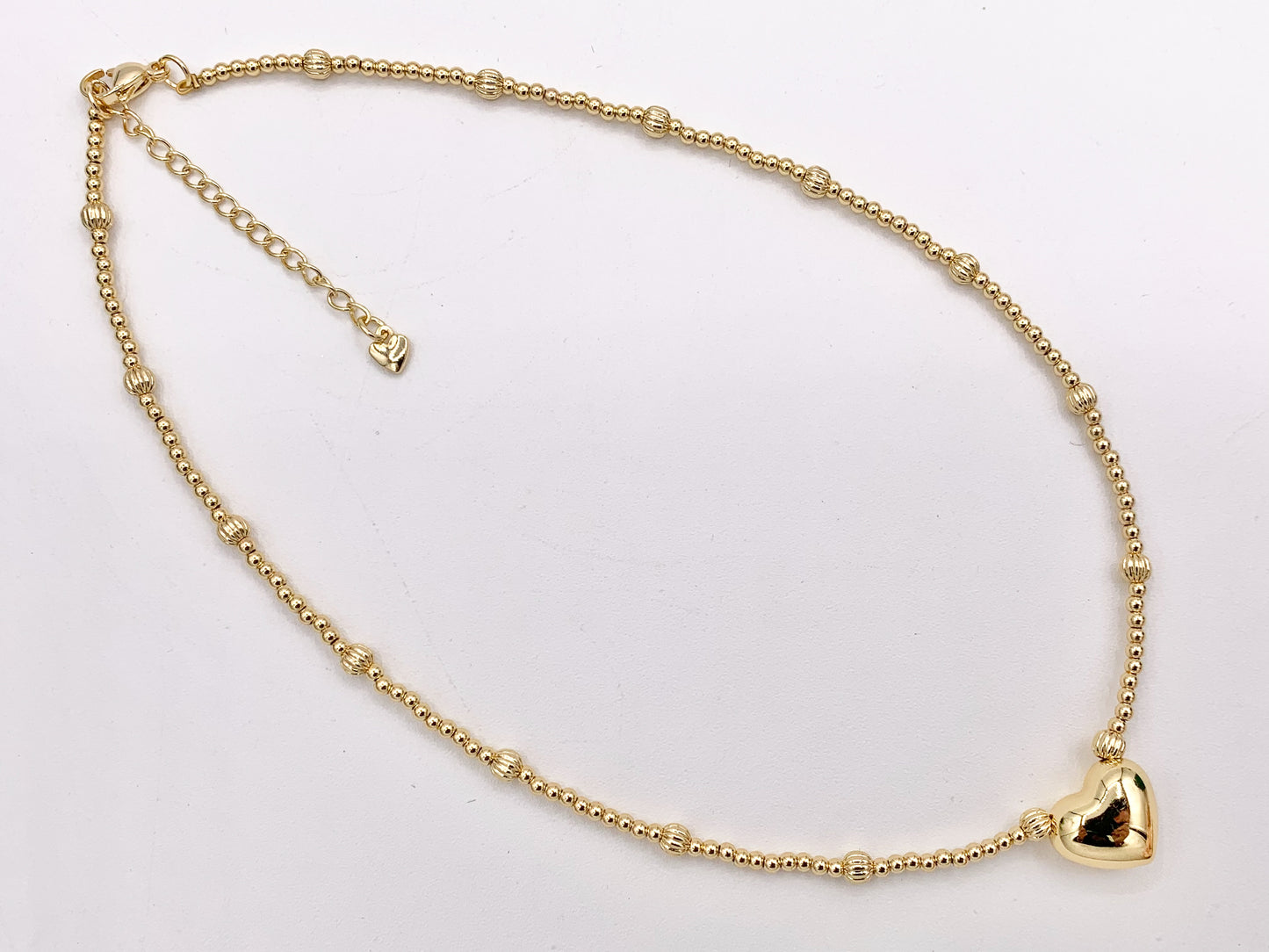 Delicate Puffy Heart Beaded Necklace Gold Plated Copper Dainty Flexible Minimalist Finished Necklace 16" with Extension Link 1 PC