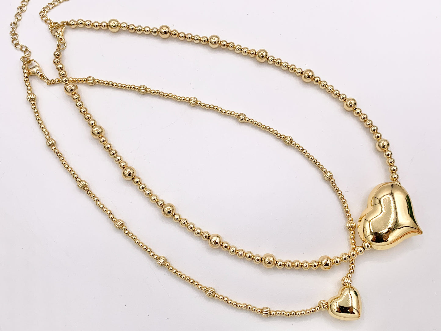 Delicate Puffy Heart Beaded Necklace Gold Plated Copper Dainty Flexible Minimalist Finished Necklace 16" with Extension Link 1 PC