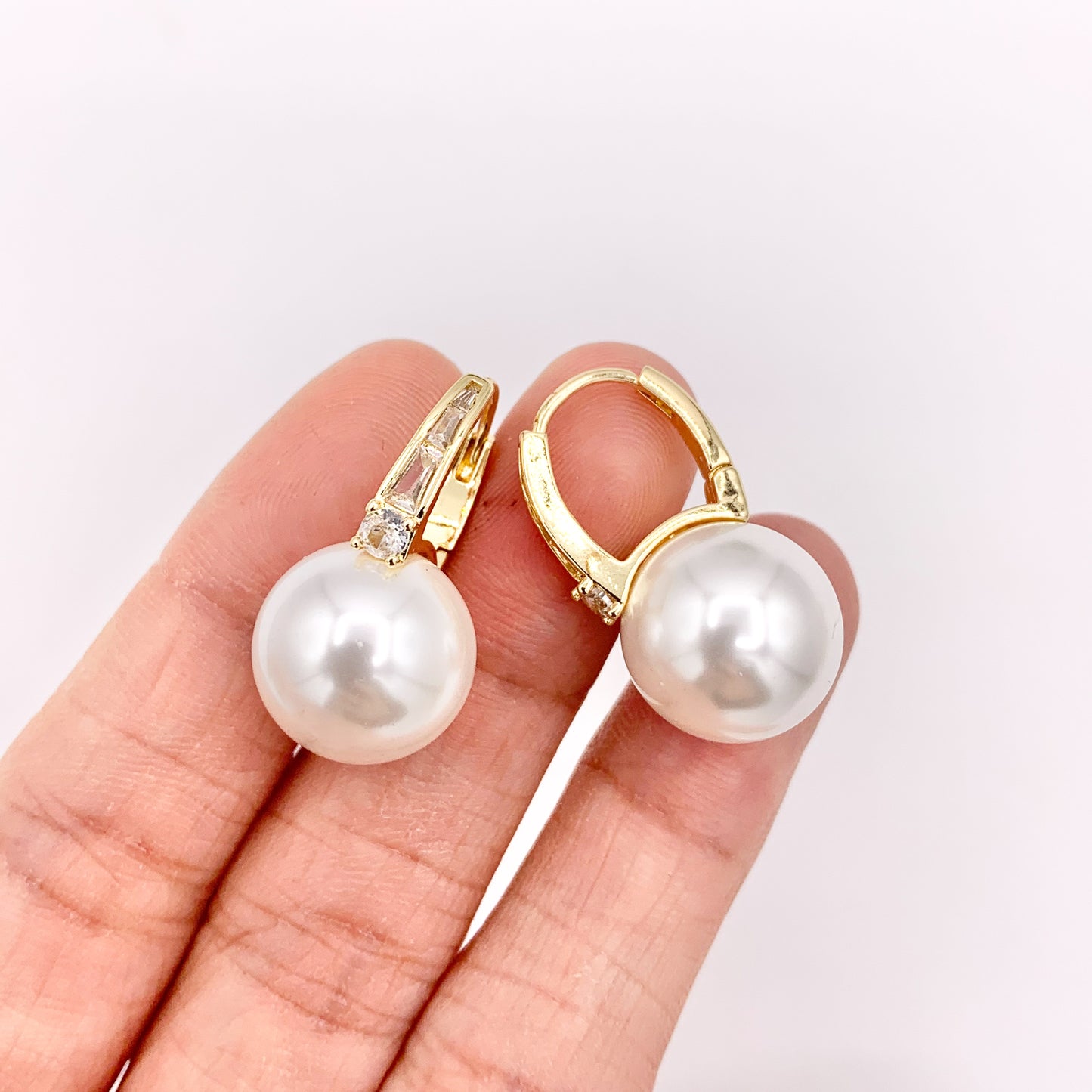 Real Gold 18K Plated Pearl CZ Pave Earring Hoop Huggies 3 PAIRS