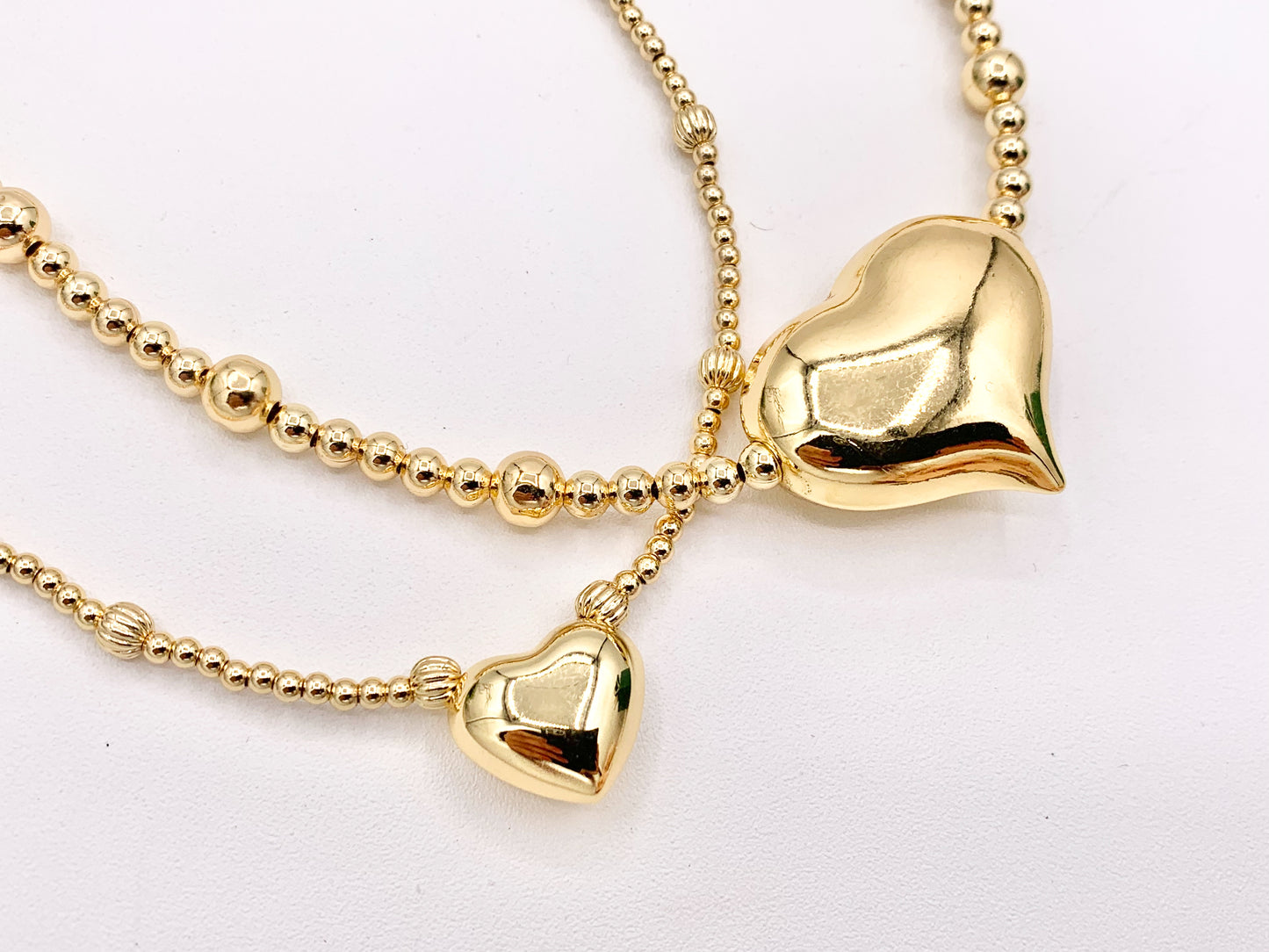 Delicate Puffy Heart Beaded Necklace Gold Plated Copper Dainty Flexible Minimalist Finished Necklace 16" with Extension Link 1 PC