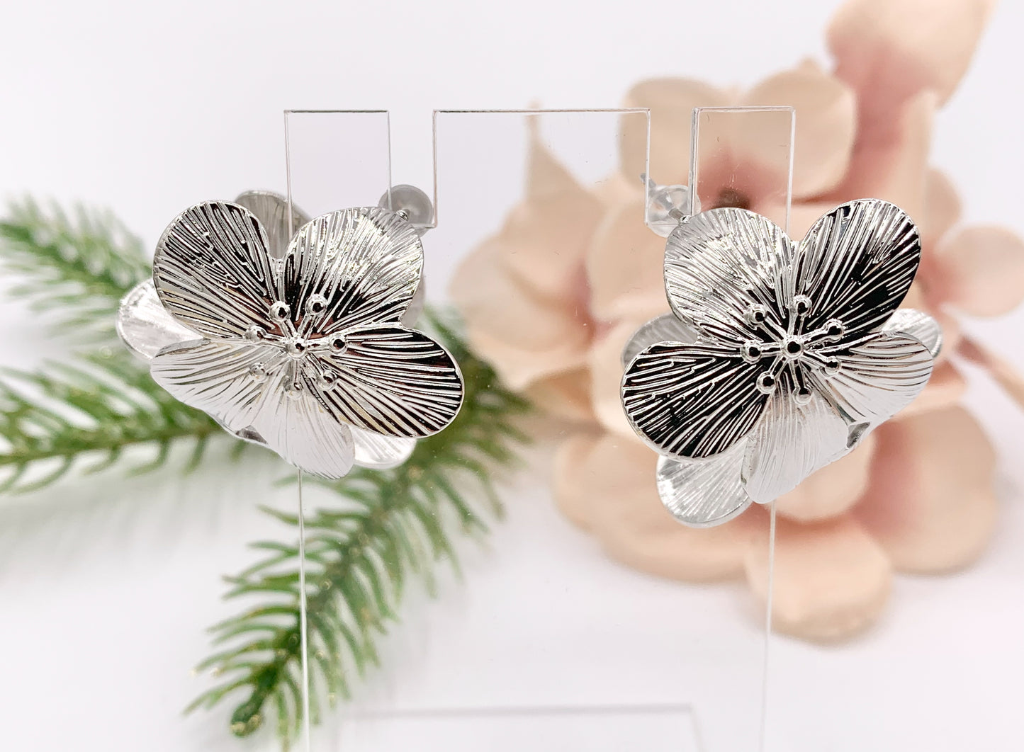 Big Flower Earring Hoops in Real 18K Gold/Platinum Plated Over Copper 1 PAIR