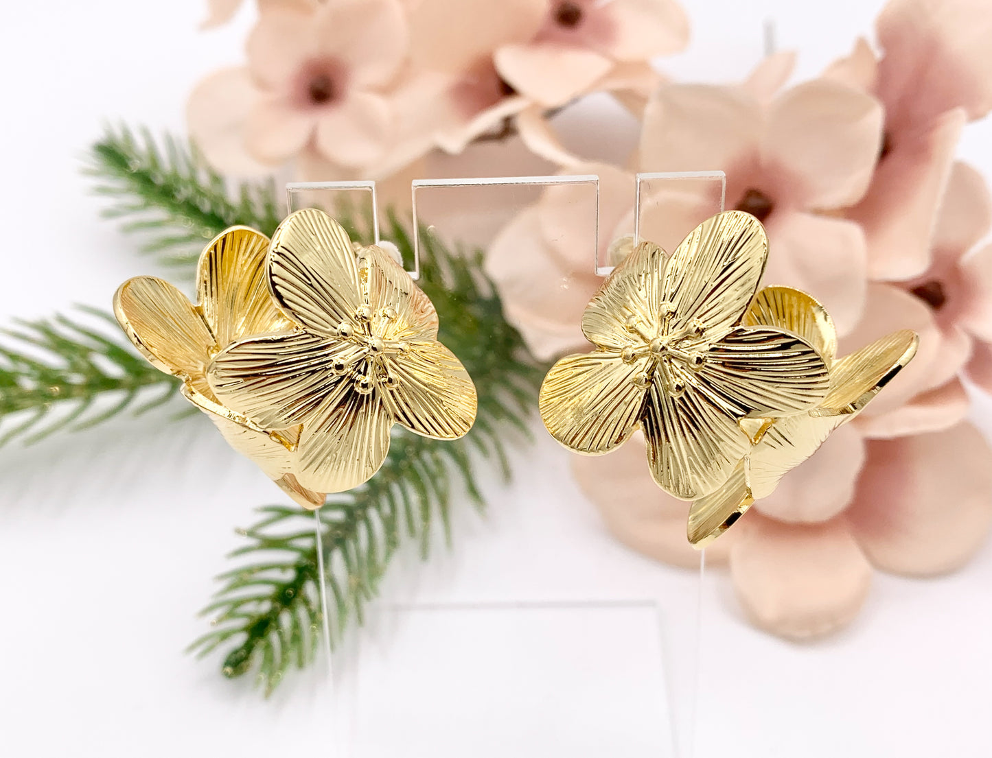 Big Flower Earring Hoops in Real 18K Gold/Platinum Plated Over Copper 1 PAIR