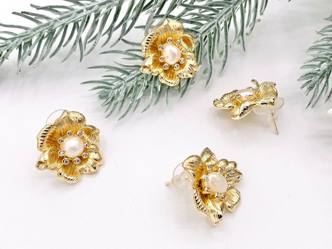 Big Freshwater Pearl Flower Earring Studs in Real 18K Gold Plated CZ Pave Over Copper 3 PAIRS