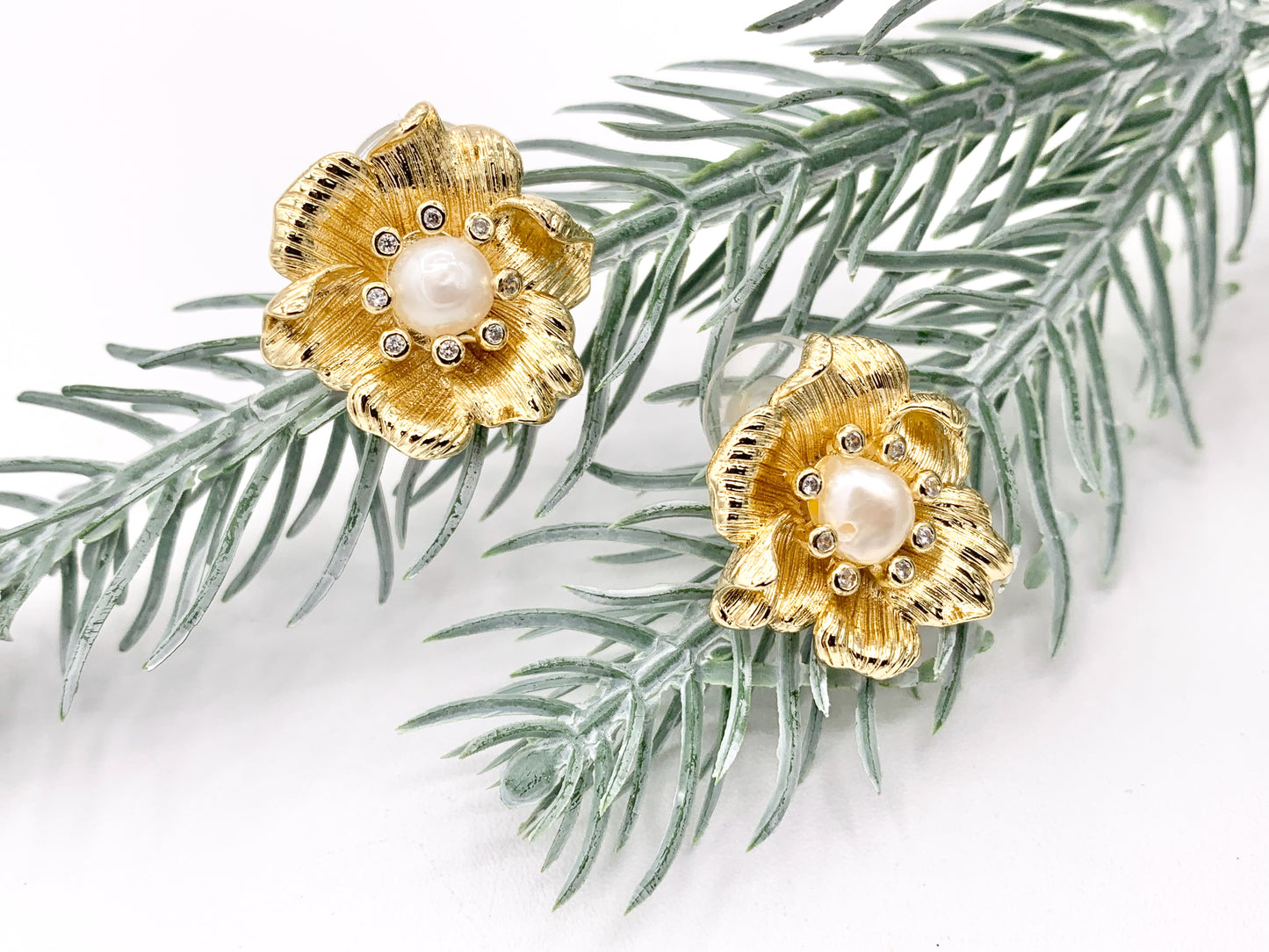 Big Freshwater Pearl Flower Earring Studs in Real 18K Gold Plated CZ Pave Over Copper 3 PAIRS