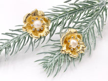 Load image into Gallery viewer, Big Freshwater Pearl Flower Earring Studs in Real 18K Gold Plated CZ Pave Over Copper 3 PAIRS
