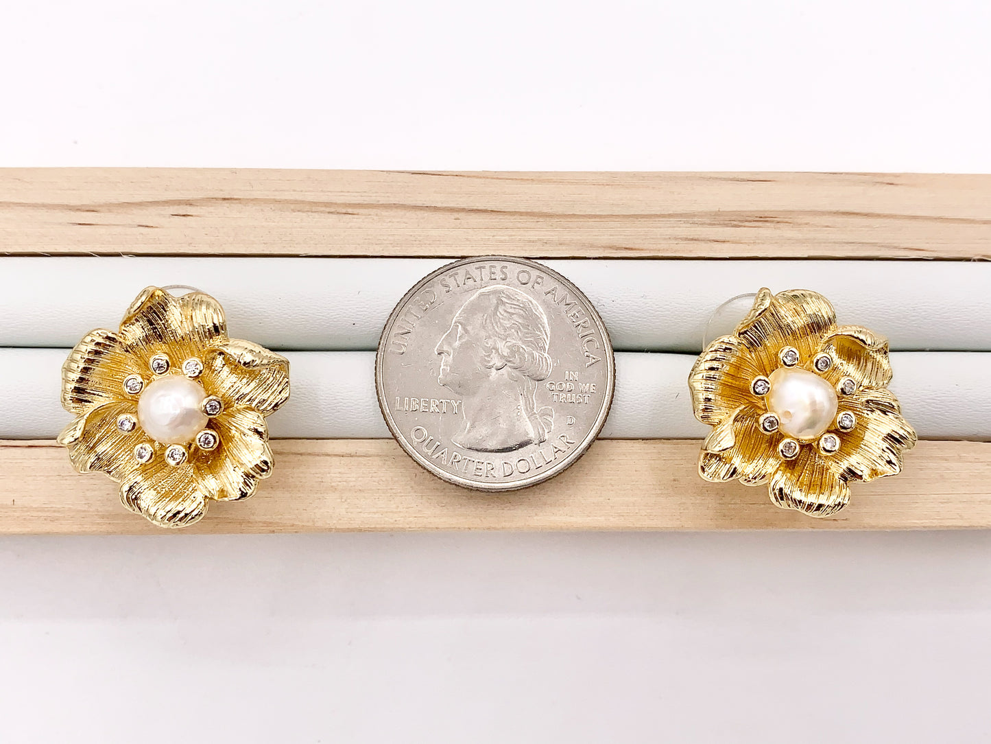 Big Freshwater Pearl Flower Earring Studs in Real 18K Gold Plated CZ Pave Over Copper 3 PAIRS