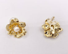 Load image into Gallery viewer, Big Freshwater Pearl Flower Earring Studs in Real 18K Gold Plated CZ Pave Over Copper 3 PAIRS
