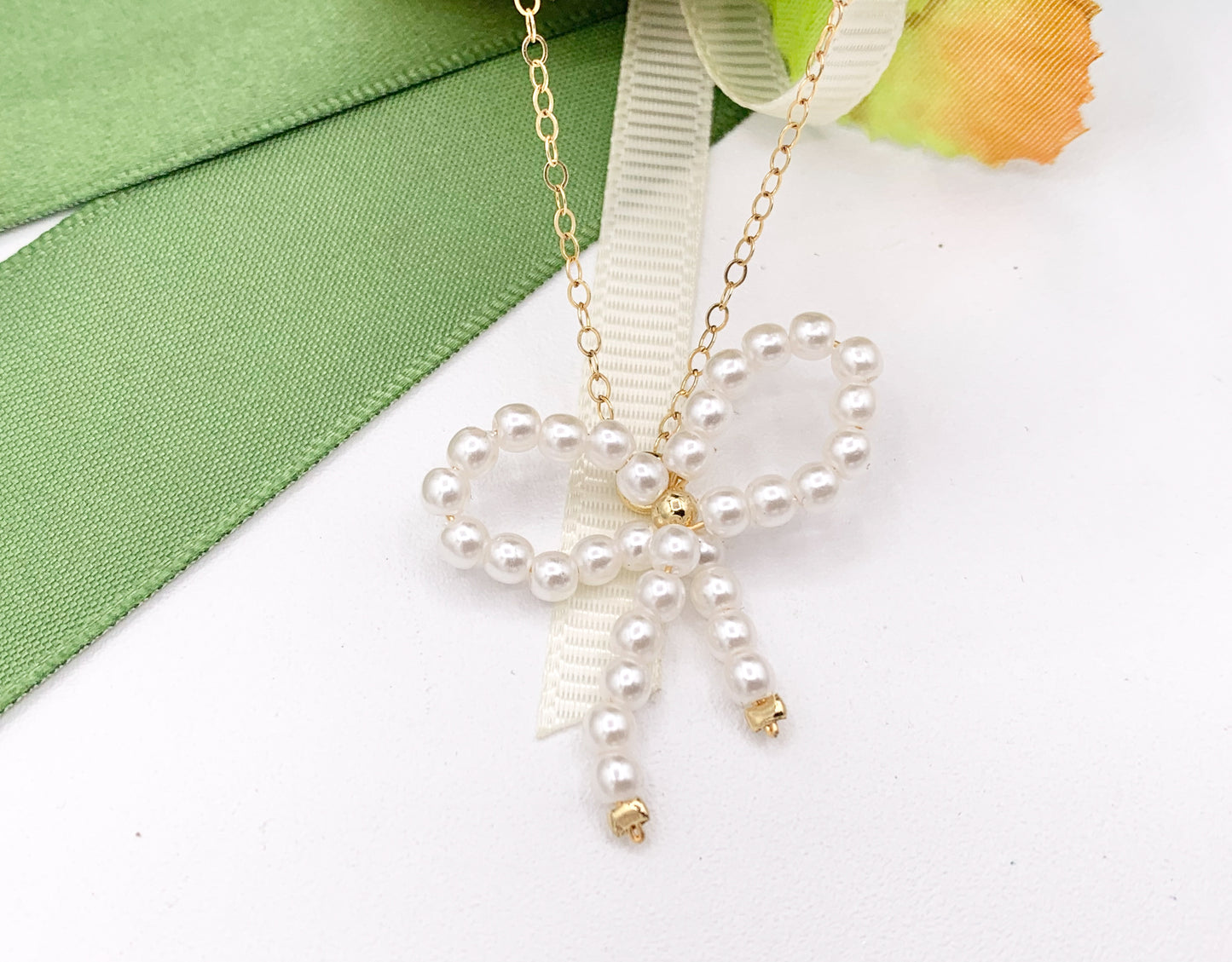 Cute Pearl Beaded Bowtie Pendant in 18K Gold Plated Over Copper 6PCS