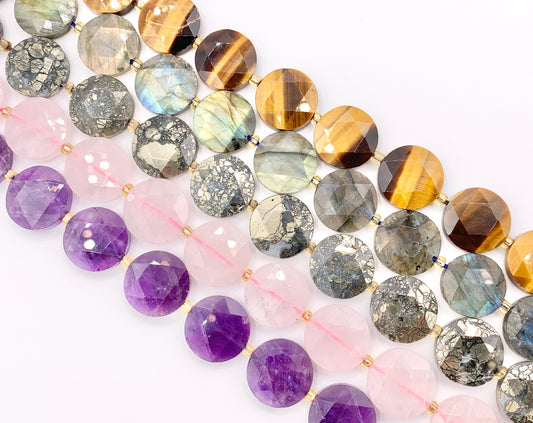 15mm Shiny Coin Shape Hand Cut Gemstone Beads 15" Tiger's Eye/Labradorite/Rose Quartz/Amethyst/Pyrite 1 Strand