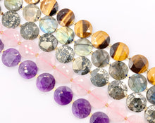 Cargar imagen en el visor de la galería, 15mm Shiny Coin Shape Hand Cut Gemstone Beads 15&quot; Tiger&#39;s Eye/Labradorite/Rose Quartz/Amethyst/Pyrite 1 Strand
