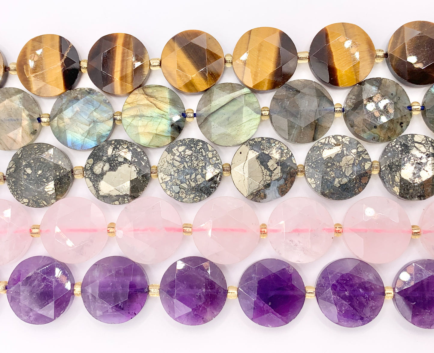 15mm Shiny Coin Shape Hand Cut Gemstone Beads 15" Tiger's Eye/Labradorite/Rose Quartz/Amethyst/Pyrite 1 Strand