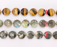 Cargar imagen en el visor de la galería, 15mm Shiny Coin Shape Hand Cut Gemstone Beads 15&quot; Tiger&#39;s Eye/Labradorite/Rose Quartz/Amethyst/Pyrite 1 Strand
