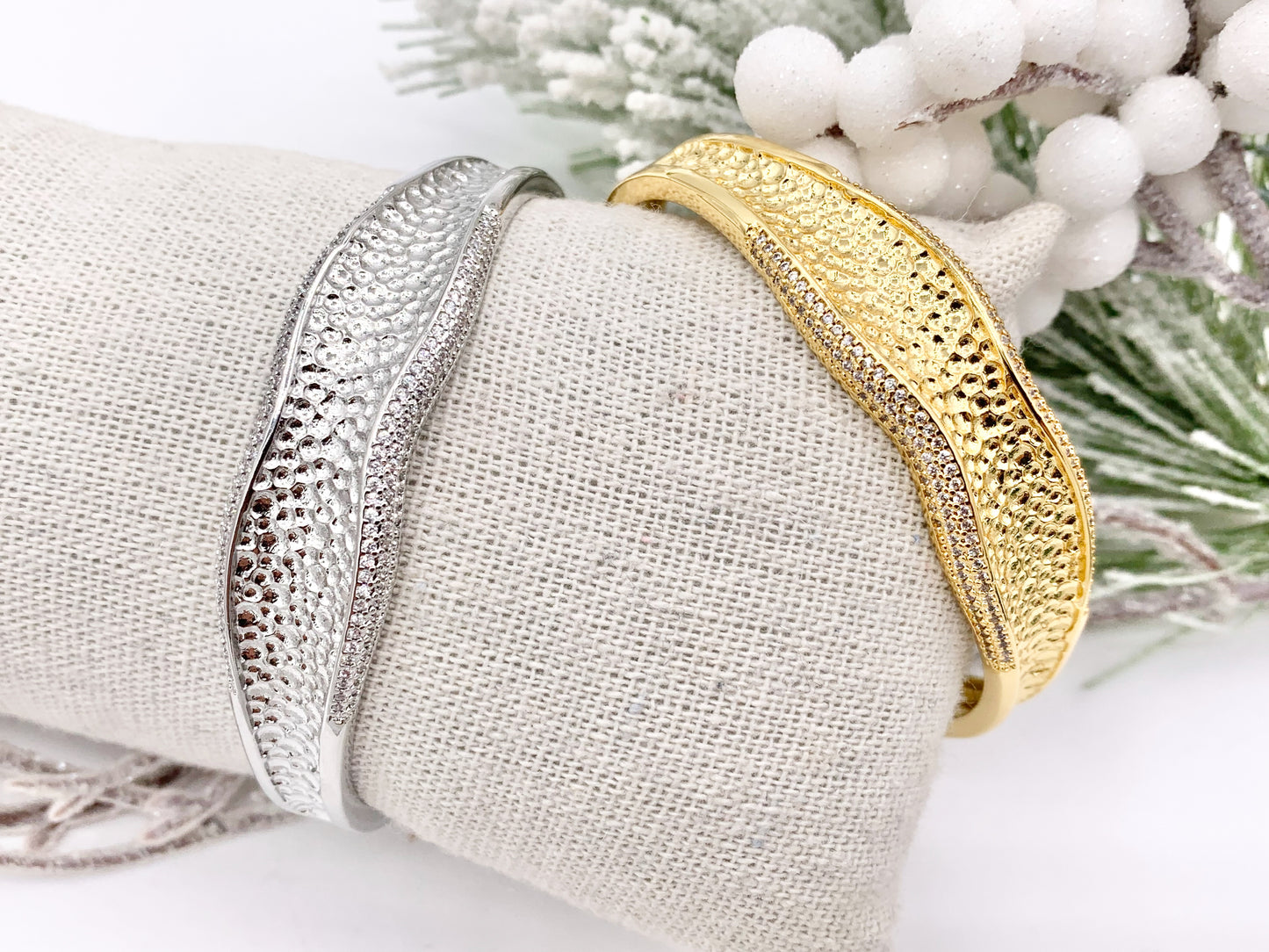 Wavy Concave Hammered Thick Bracelet Cuffs in 18K Real Gold/Platinum Plated CZ Pave Copper 1 PC