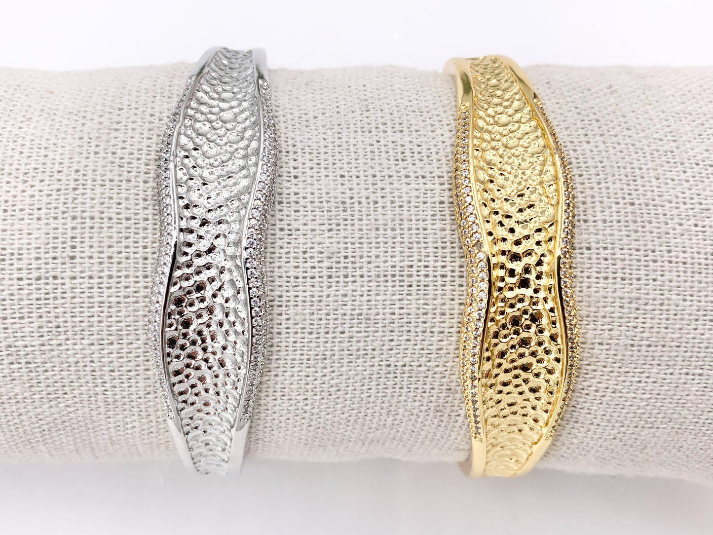 Wavy Concave Hammered Thick Bracelet Cuffs in 18K Real Gold/Platinum Plated CZ Pave Copper 1 PC