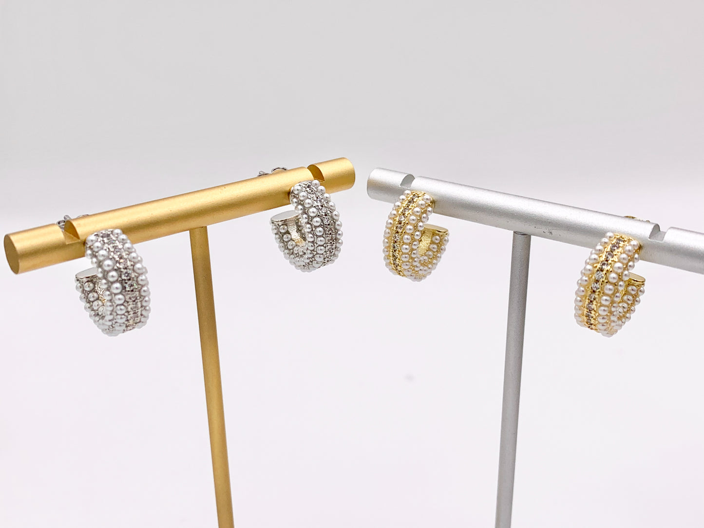 Pearl Earring Half Curved Hoop in Real Gold/Silver 18K CZ Pave Over Copper 3 PAIRS