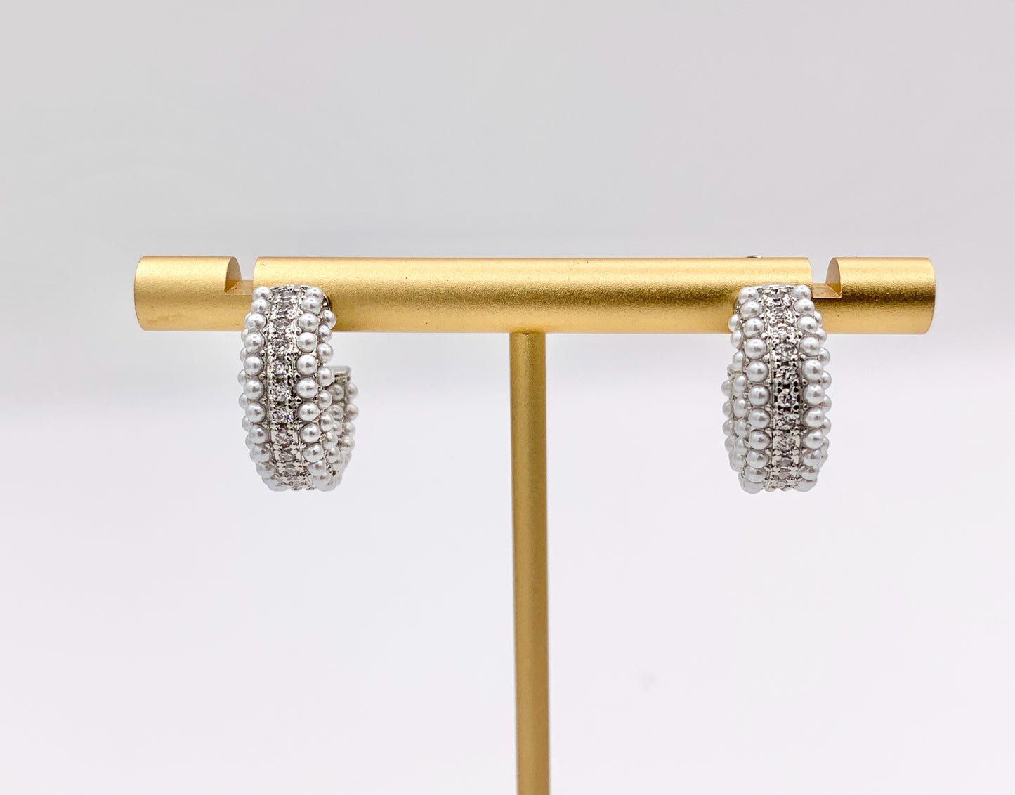 Pearl Earring Half Curved Hoop in Real Gold/Silver 18K CZ Pave Over Copper 3 PAIRS