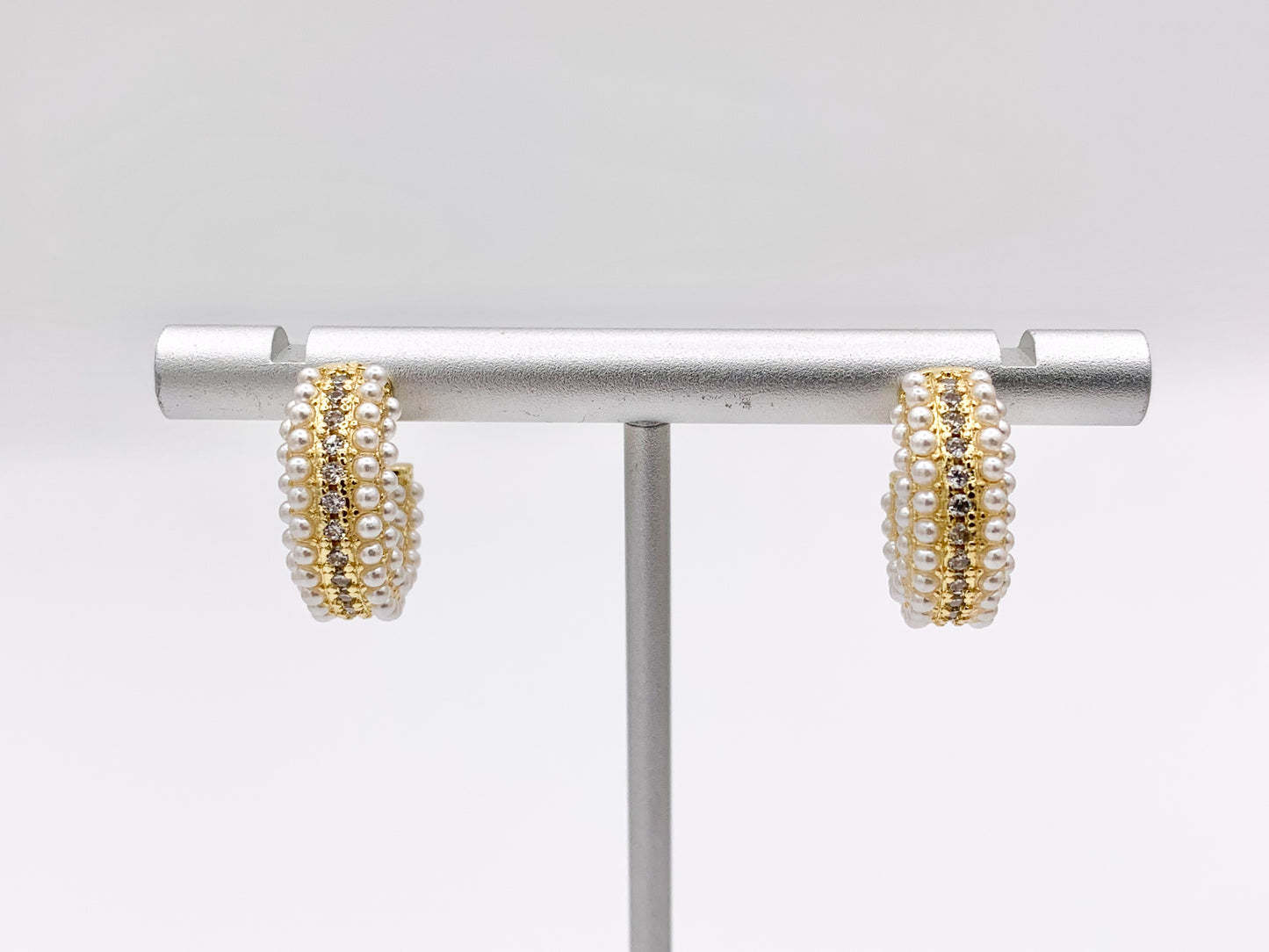 Pearl Earring Half Curved Hoop in Real Gold/Silver 18K CZ Pave Over Copper 3 PAIRS