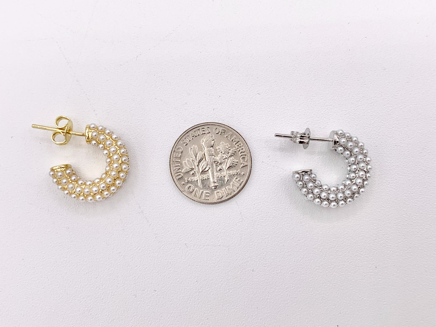 Pearl Earring Half Curved Hoop in Real Gold/Silver 18K CZ Pave Over Copper 3 PAIRS