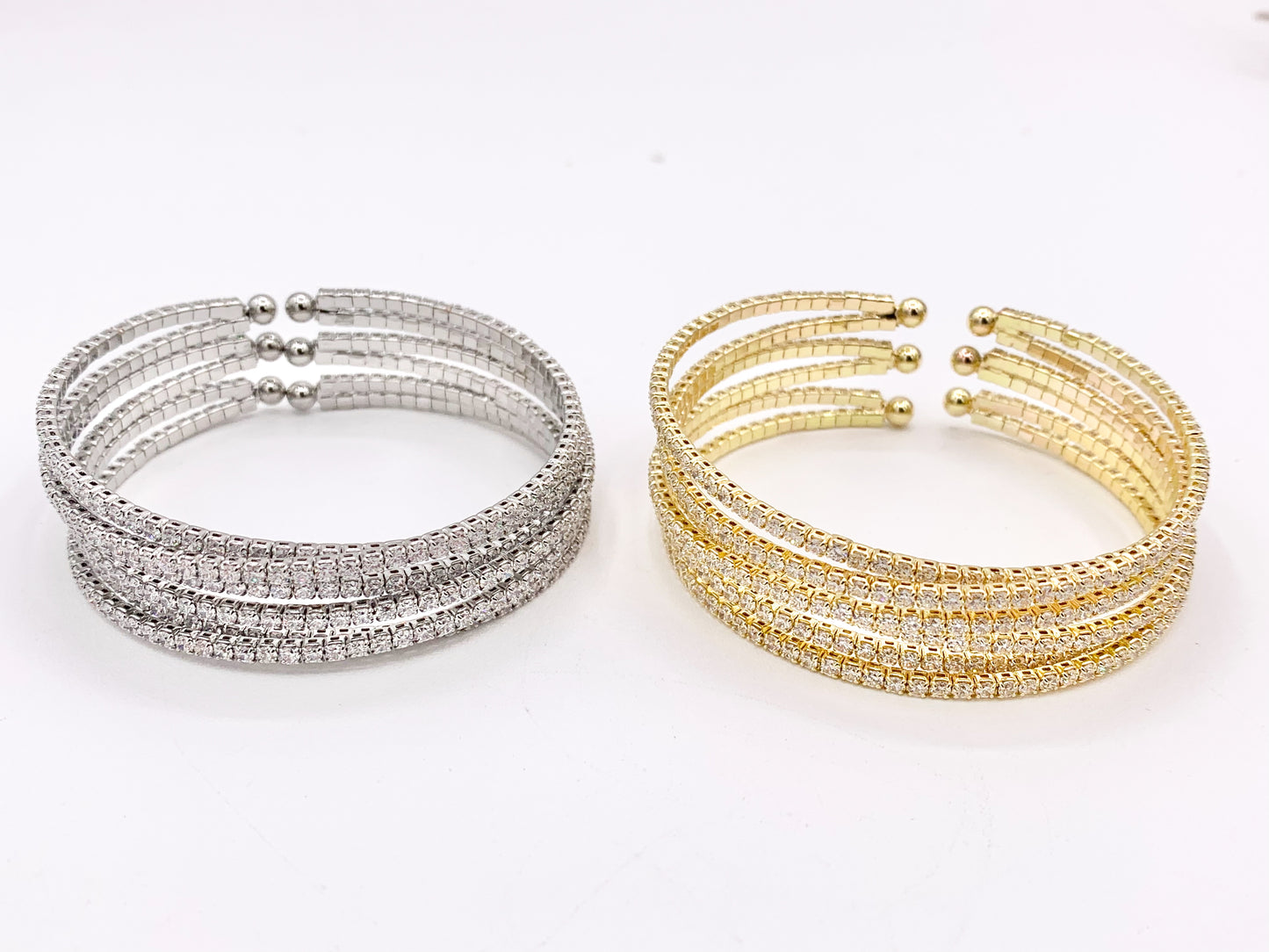 CZ Pave Rhinestone Multi Layers Baguette Fancy Flexible Snap On Bracelet Cuffs In Real Gold/Platinum 18K Plated Copper 1 PC