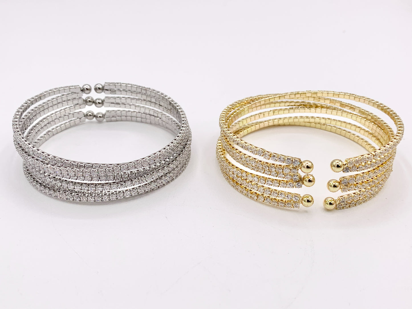 CZ Pave Rhinestone Multi Layers Baguette Fancy Flexible Snap On Bracelet Cuffs In Real Gold/Platinum 18K Plated Copper 1 PC