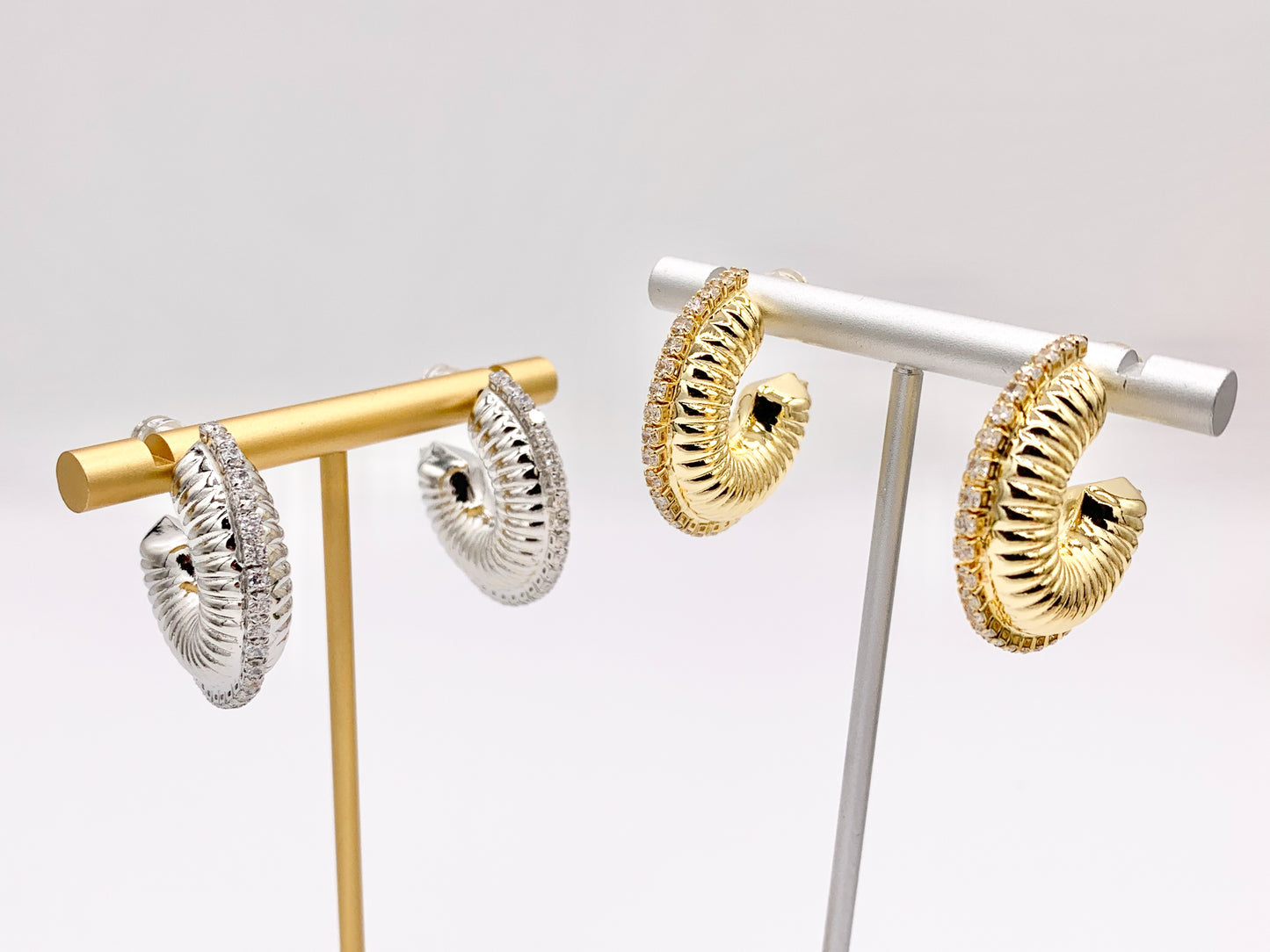 Designed Thick Snail Looking Hoop Earrings in 18K Gold/Platinum Plated CZ Pave Copper 4 PAIRS
