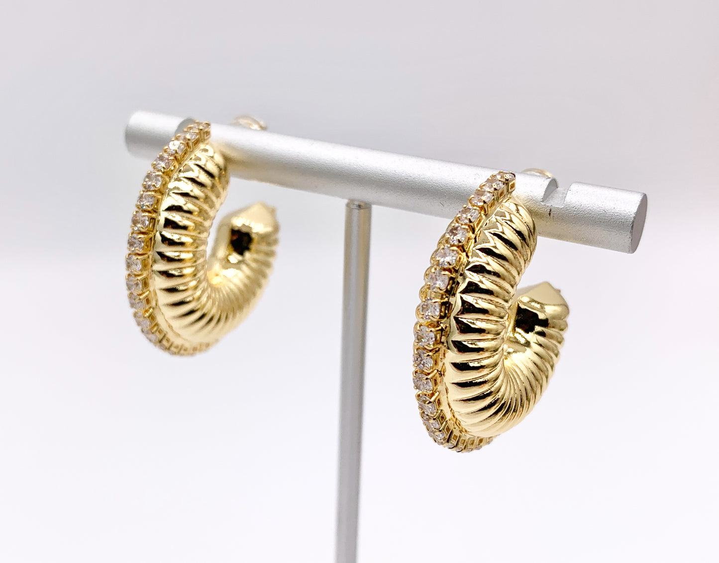 Designed Thick Snail Looking Hoop Earrings in 18K Gold/Platinum Plated CZ Pave Copper 4 PAIRS