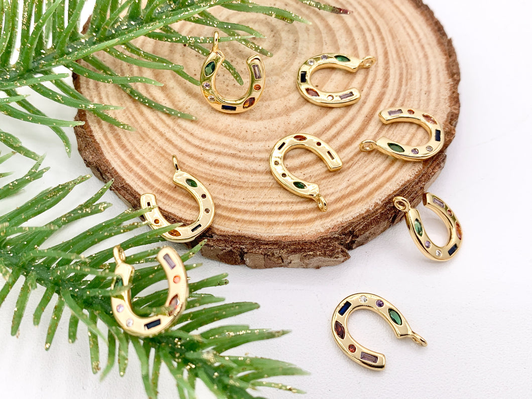 Multicolor CZ Horseshoe U Charm in Real 18K Gold Plated Over Copper 8 PCS