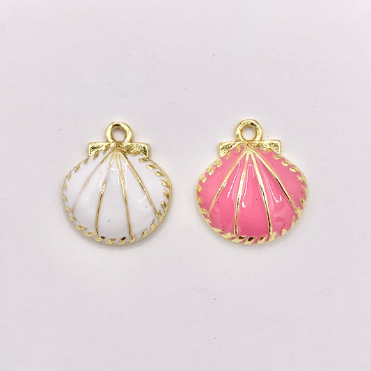 Cute Pink and White Enamel Shell Charms One Sided Pendants Plated in 18K Gold Copper Base 10 PCS