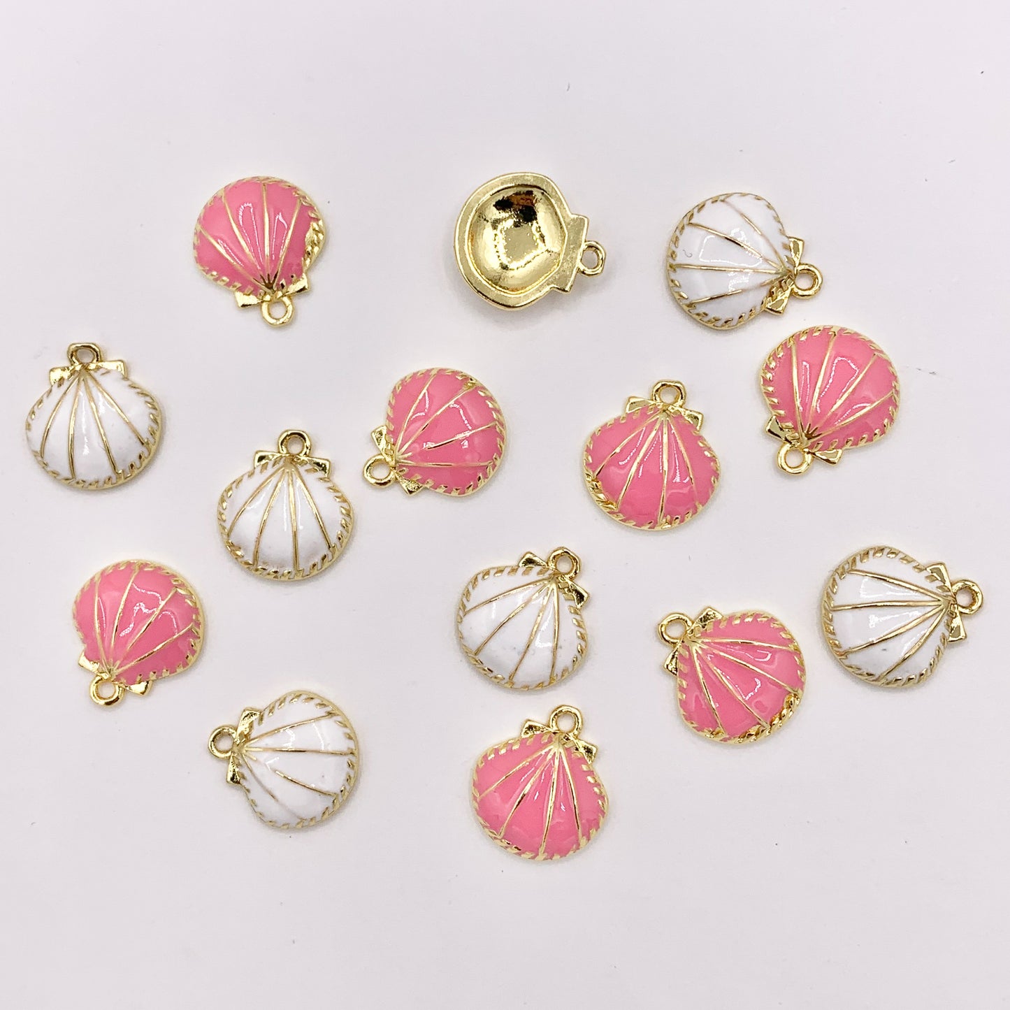 Cute Pink and White Enamel Shell Charms One Sided Pendants Plated in 18K Gold Copper Base 10 PCS