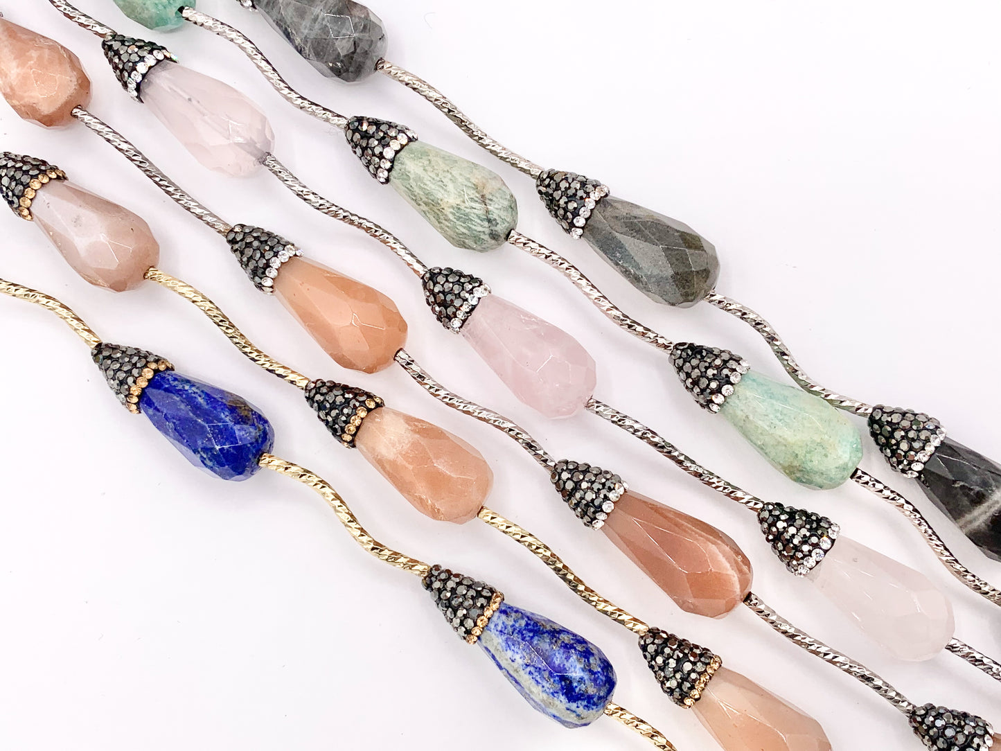 Beautiful Teardrop Stone Faceted Beads With Rhinestones Rose Quartz/ Pink Moonstone/ Lapis/ Peruvian Amazonite/ Labradorite Beads (1 Strand)