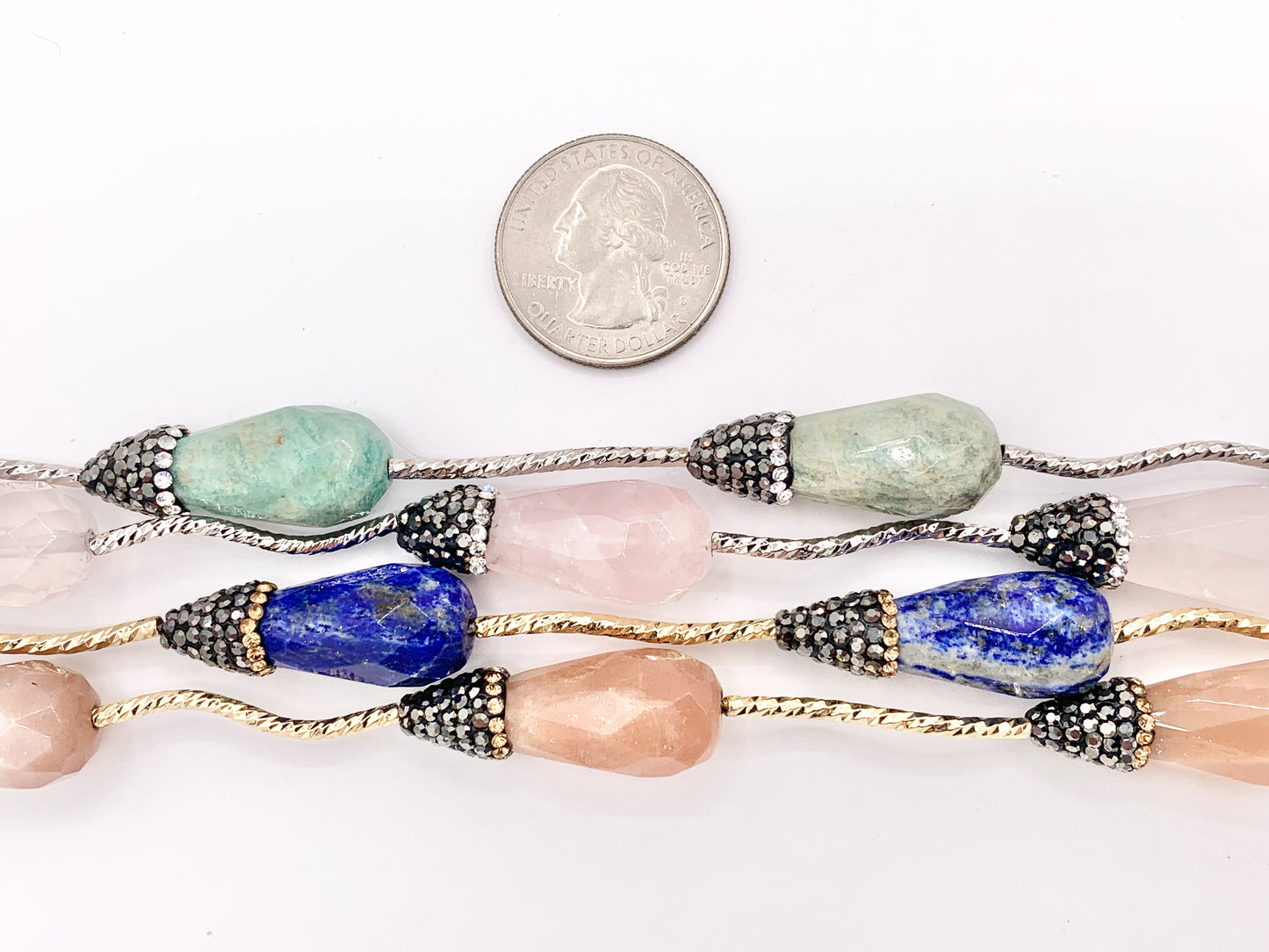 Beautiful Teardrop Stone Faceted Beads With Rhinestones Rose Quartz/ Pink Moonstone/ Lapis/ Peruvian Amazonite/ Labradorite Beads (1 Strand)