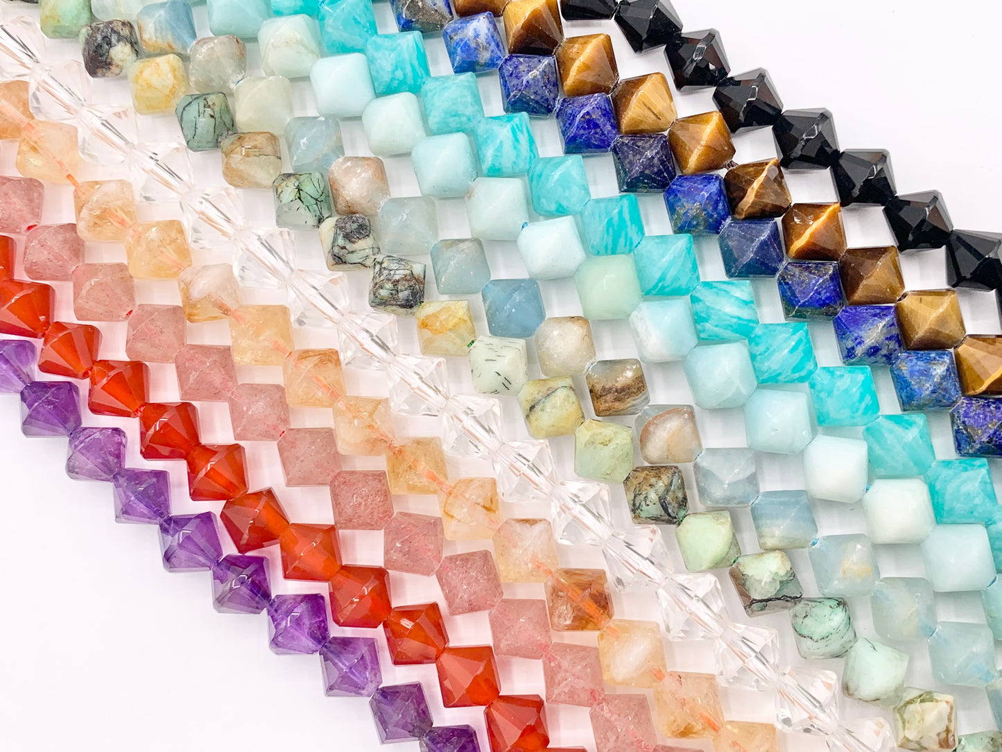 8mm Bicone Shape Hand Cut Gemstone Beads Tiger's Eye/Amazonite/Lapis/Black Onyx/Blue Calcite/Quartz/Citrine/Carnelian and More Stones 15"