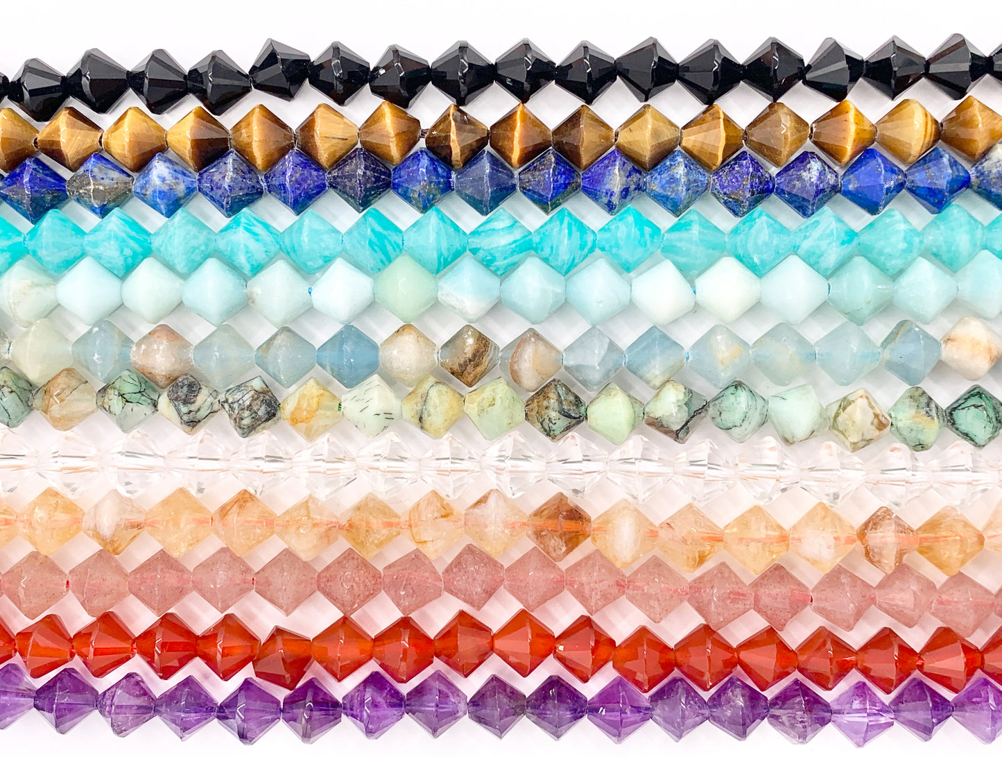 8mm Bicone Shape Hand Cut Gemstone Beads Tiger's Eye/Amazonite/Lapis/Black Onyx/Blue Calcite/Quartz/Citrine/Carnelian and More Stones 15"