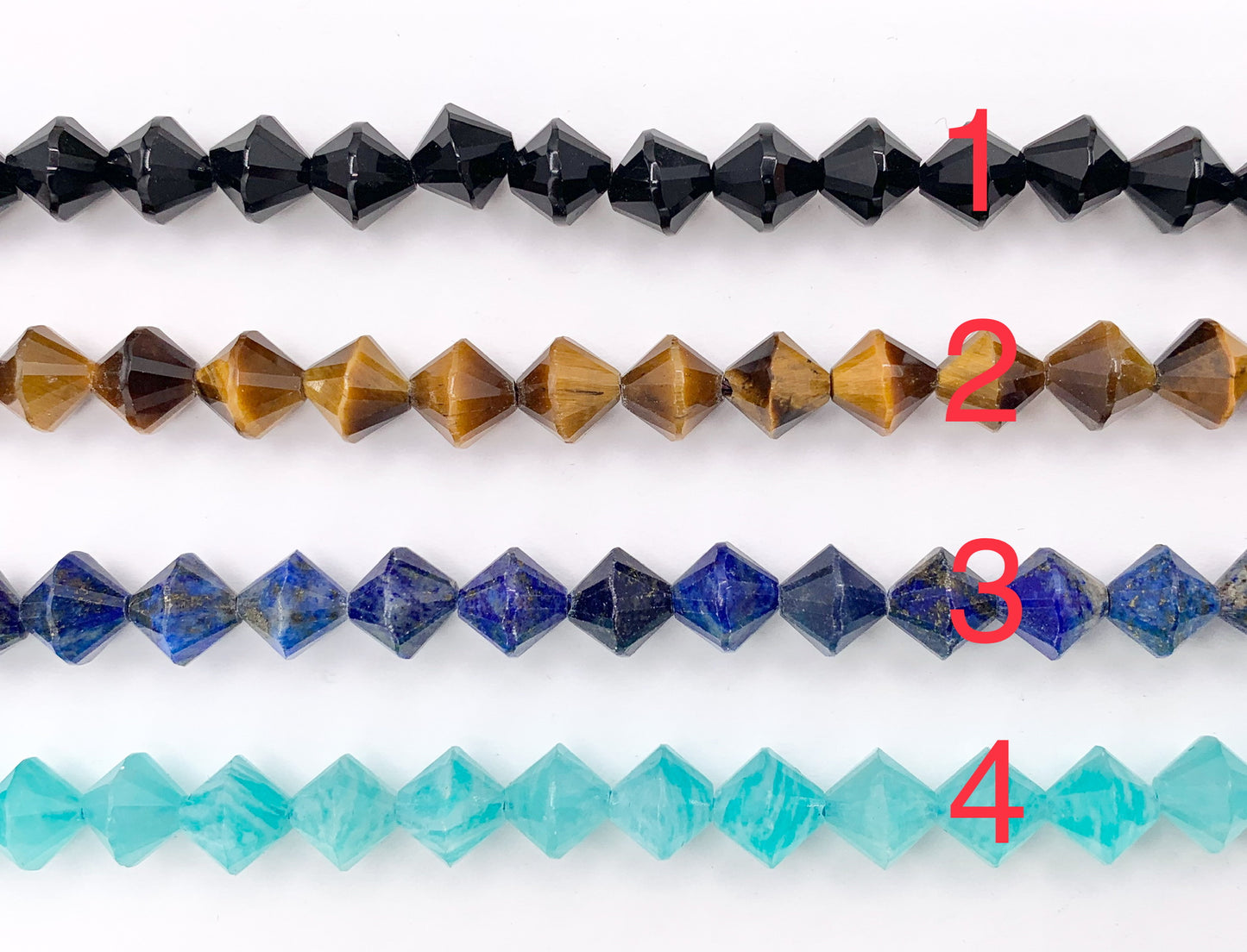 8mm Bicone Shape Hand Cut Gemstone Beads Tiger's Eye/Amazonite/Lapis/Black Onyx/Blue Calcite/Quartz/Citrine/Carnelian and More Stones 15"