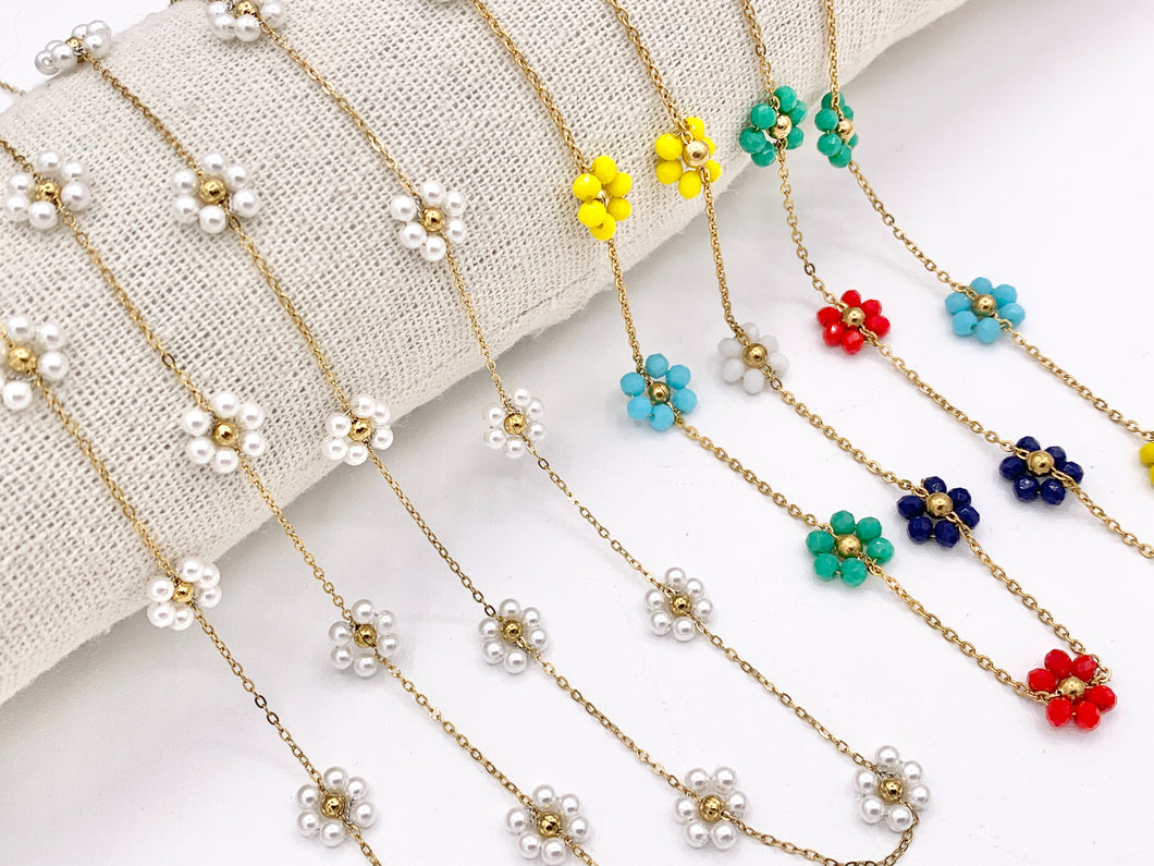 Pearl Crystal Beaded Daisy Flower Chain in 18K Gold Plated Copper By The Spool For Jewelry Making