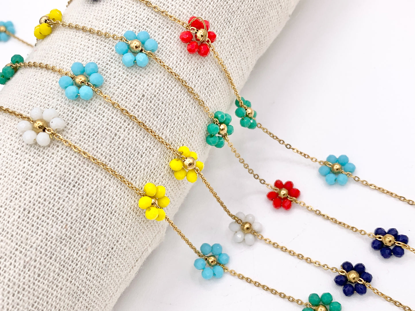 Pearl Crystal Beaded Daisy Flower Chain in 18K Gold Plated Copper By The Spool For Jewelry Making
