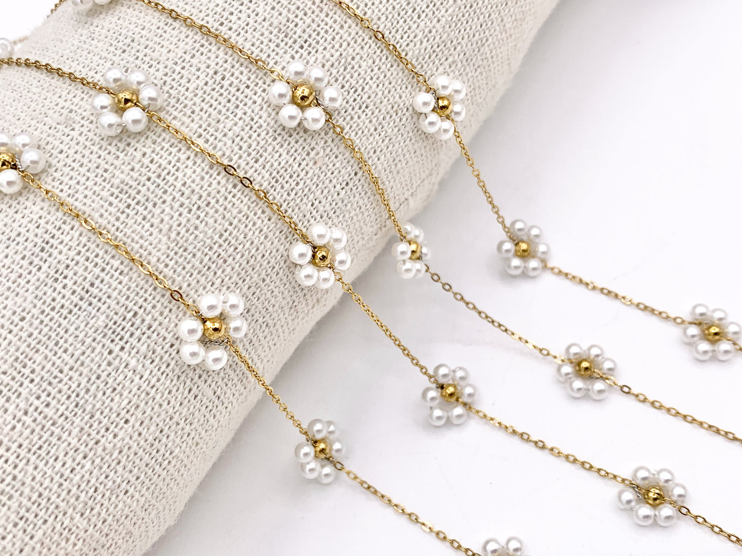 Pearl Crystal Beaded Daisy Flower Chain in 18K Gold Plated Copper By The Spool For Jewelry Making