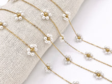 Load image into Gallery viewer, Pearl Crystal Beaded Daisy Flower Chain in 18K Gold Plated Copper By The Spool For Jewelry Making
