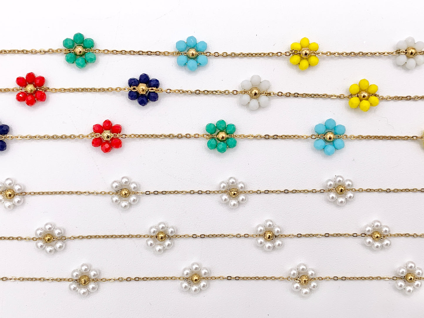 Pearl Crystal Beaded Daisy Flower Chain in 18K Gold Plated Copper By The Spool For Jewelry Making