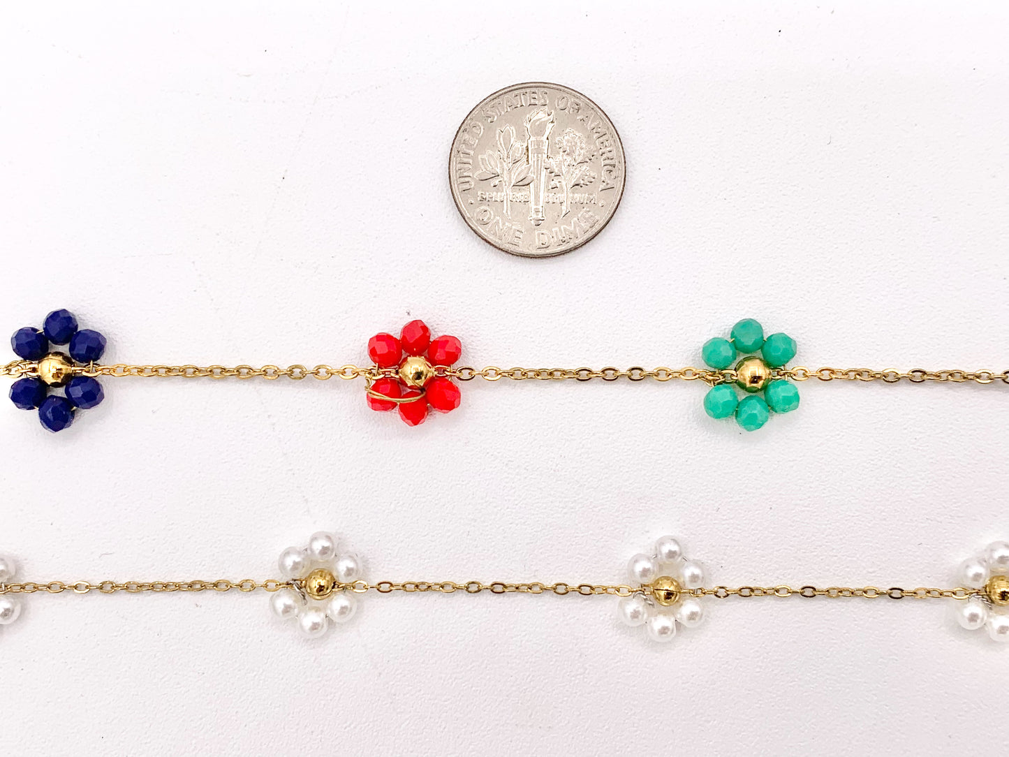 Pearl Crystal Beaded Daisy Flower Chain in 18K Gold Plated Copper By The Spool For Jewelry Making